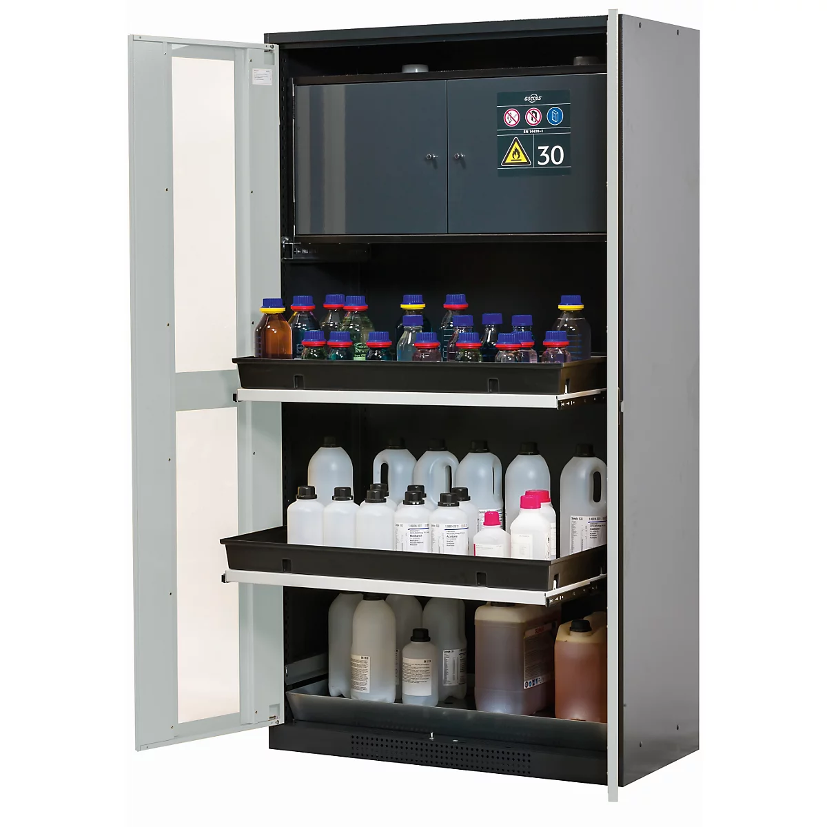 Armoire pour produits chimiques asecos CS-CLASSIC-GF, portes battantes avec découpe en verre, façade gris clair, L 1055 x P 520 x H 1950 mm
