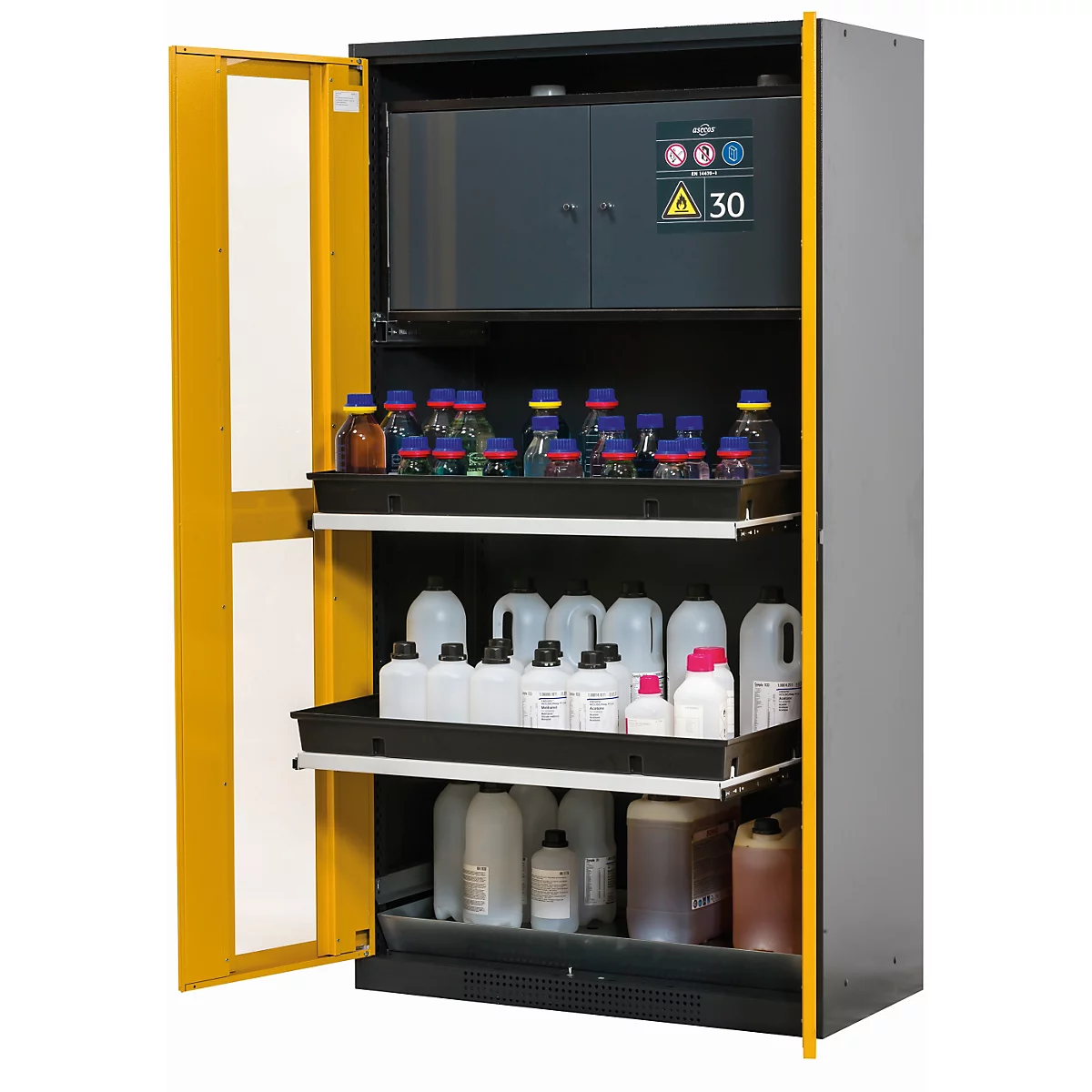 Armoire pour produits chimiques asecos CS-CLASSIC-GF, portes battantes avec découpe en verre, façade jaune de sécurité, L 1055 x P 520 x H 1950 mm