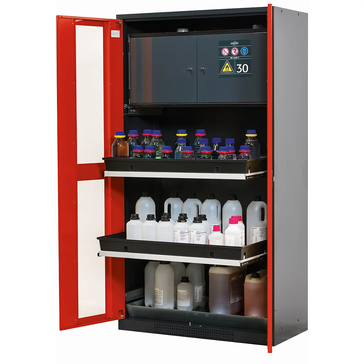 Armoire pour produits chimiques asecos CS-CLASSIC-GF, portes battantes avec découpe en verre, façade rouge trafic, L 1055 x P 520 x H 1950 mm