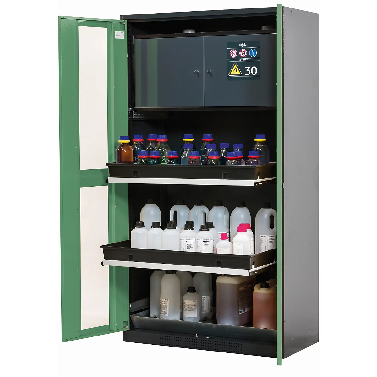 Armoire pour produits chimiques asecos CS-CLASSIC-GF, portes battantes avec découpe en verre, façade vert réséda, L 1055 x P 520 x H 1950 mm