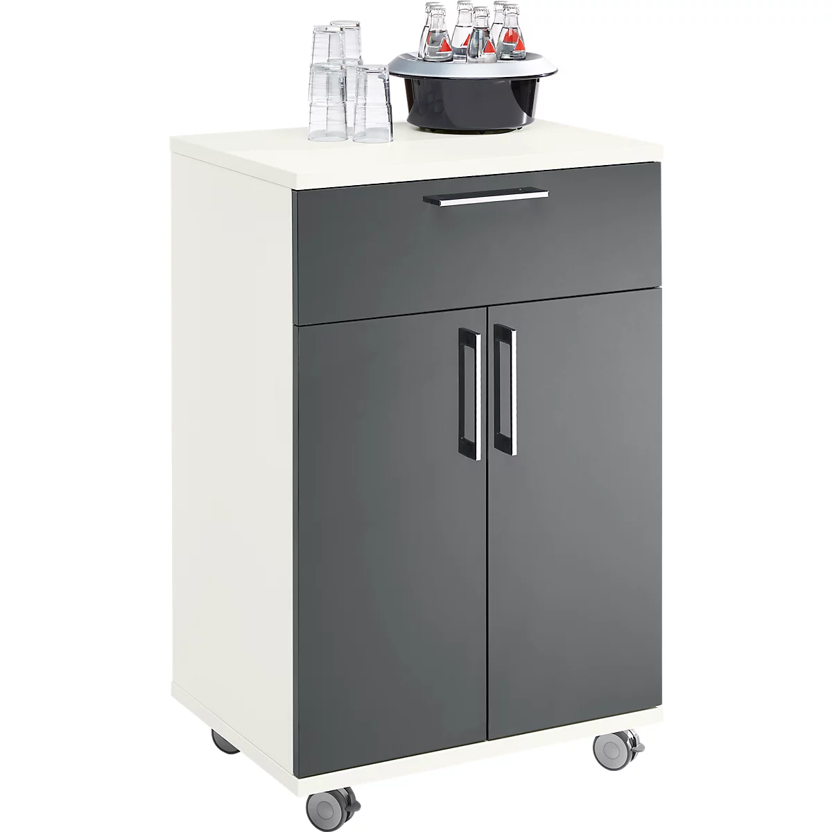 Petite armoire de cuisine, blanche avec compartiment gris, roulettes, boissons.