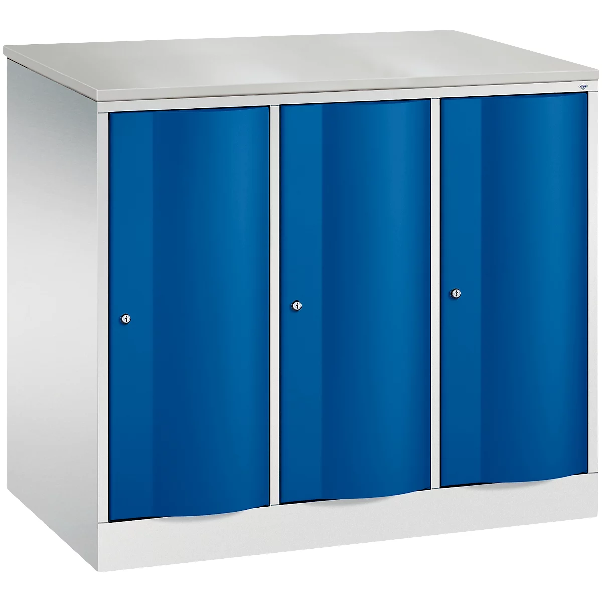 Armoire vestiaire Resisto de C+P, 3 compartiments, 3 casiers, L 1148 x P 640 x H 1077 mm, gris clair/bleu gentiane