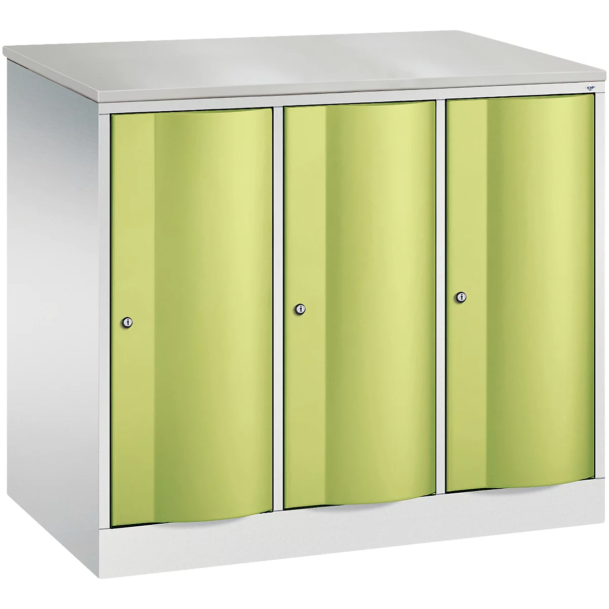 Armoire vestiaire Resisto de C+P, 3 compartiments, 3 casiers, L 1148 x P 640 x H 1077 mm, gris clair/vert clown
