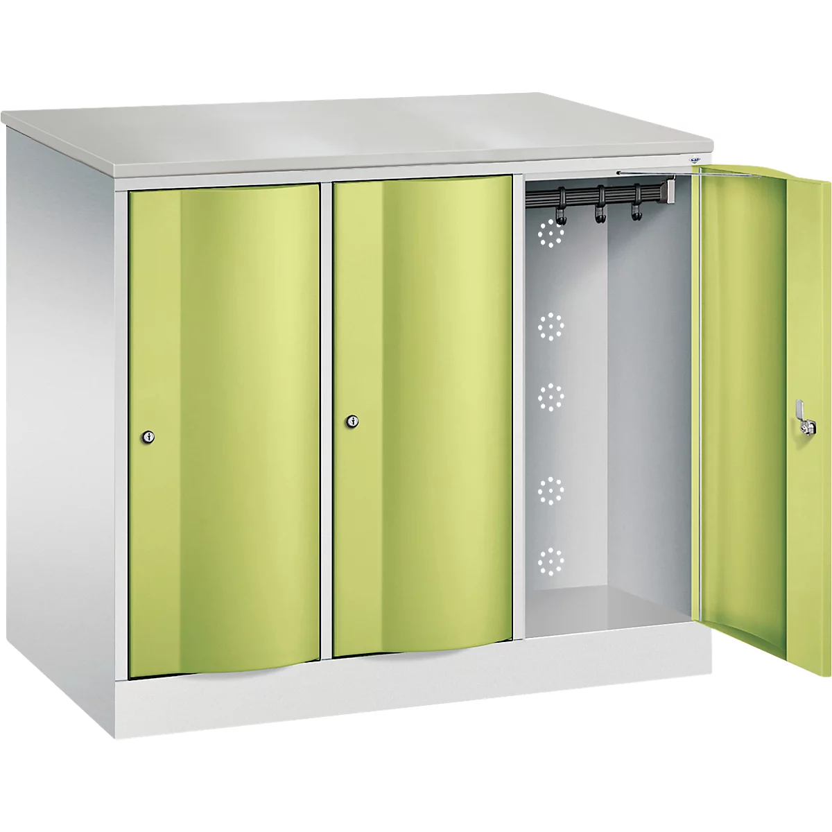 Armoire vestiaire Resisto de C+P, 3 compartiments, 3 casiers, L 1148 x P 640 x H 1077 mm, gris clair/vert clown