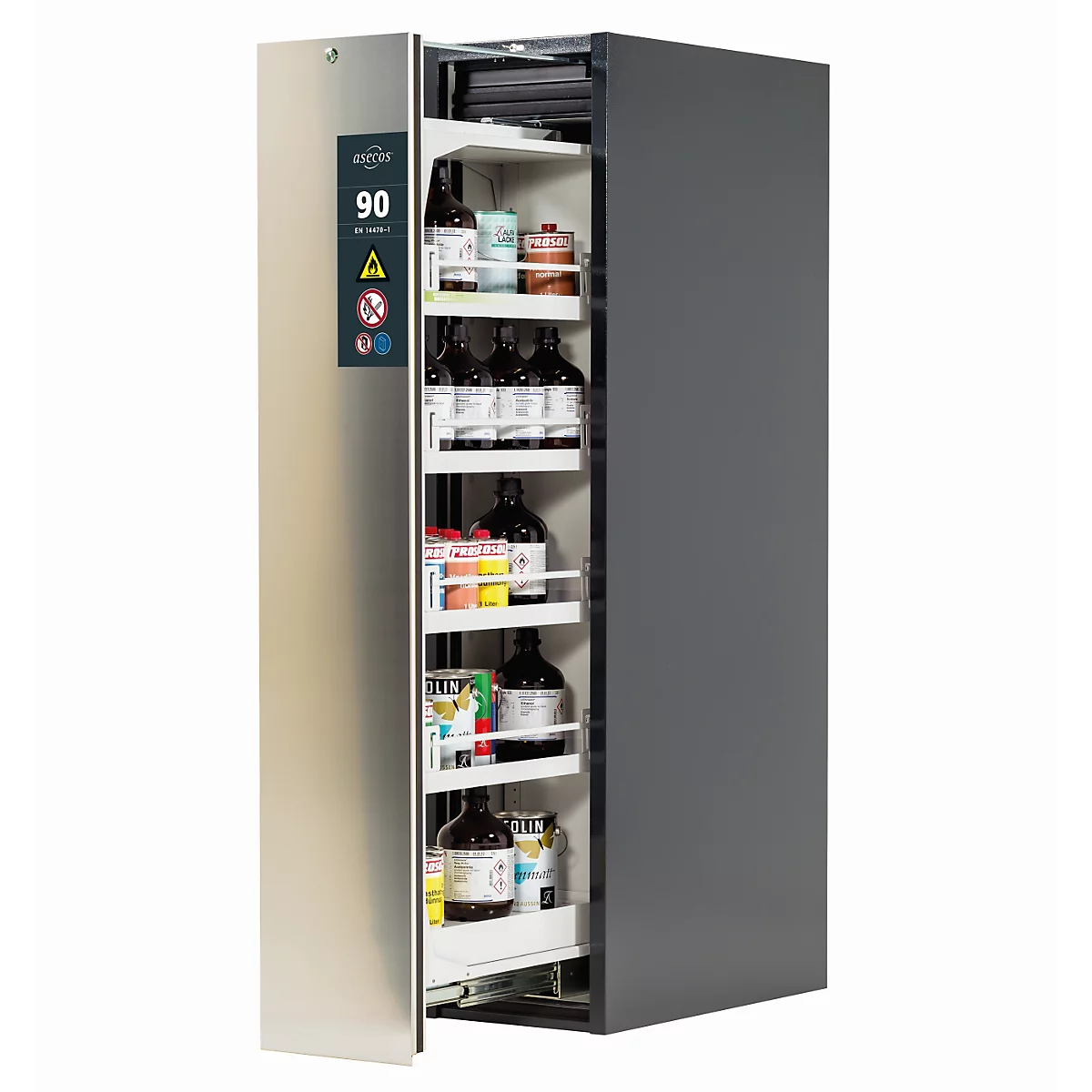 Armoires de rangement de sécurité de type 90 asecos V-MOVE-90, coulissant vertical avec mécanisme de fermeture automatique, façade en acier inoxydable argent, L 449 x P 860 x H 1966 mm