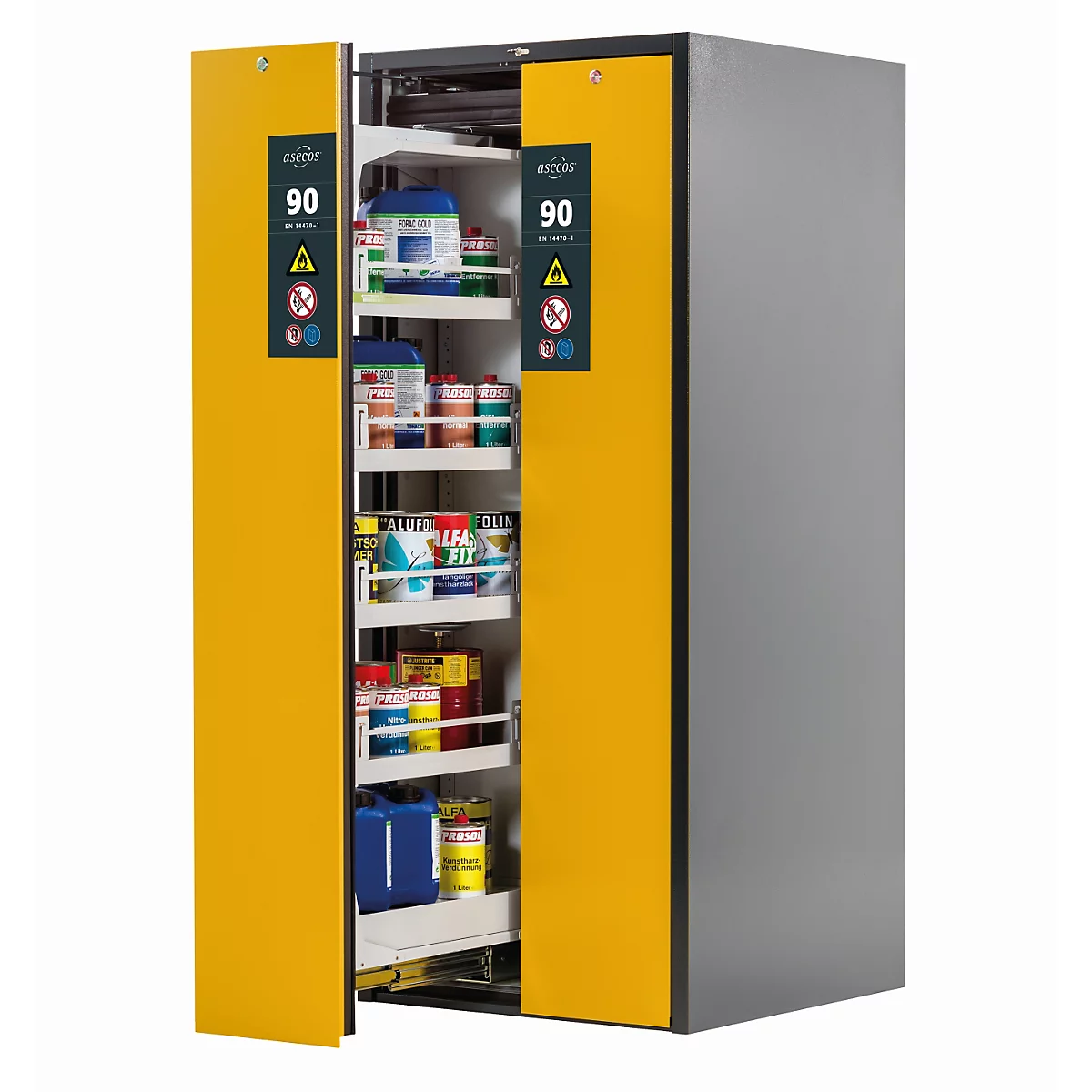Armoires de rangement de sécurité de type 90 asecos V-MOVE-90, tiroirs verticaux à fermeture automatique, façade en jaune de sécurité, L 819 x P 860 x H 1966 mm