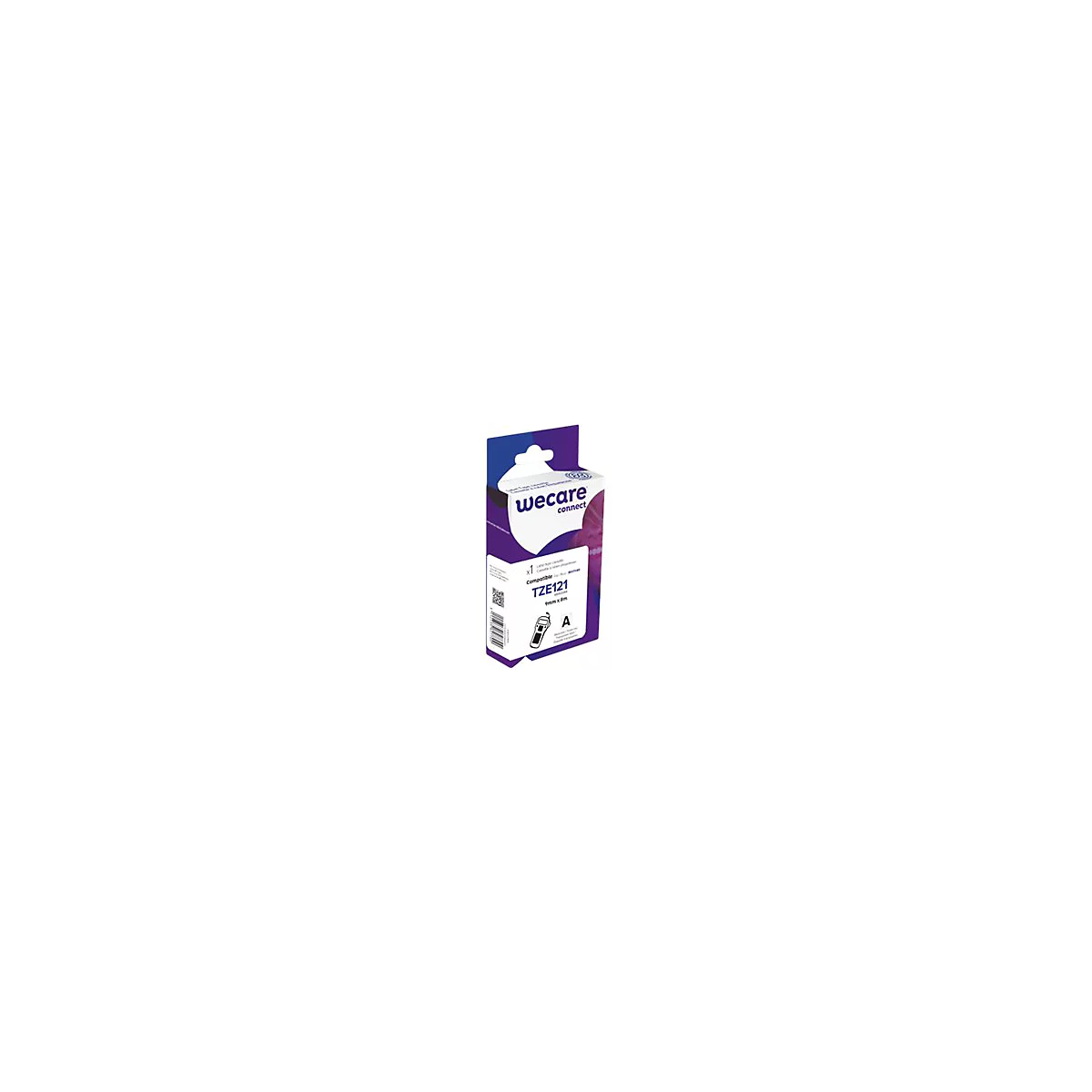 Eine Packung mit einer TZE121 Etikettenkassette. Die Packung hat lila und weiße Elemente und trägt den Schriftzug "wecare connect".