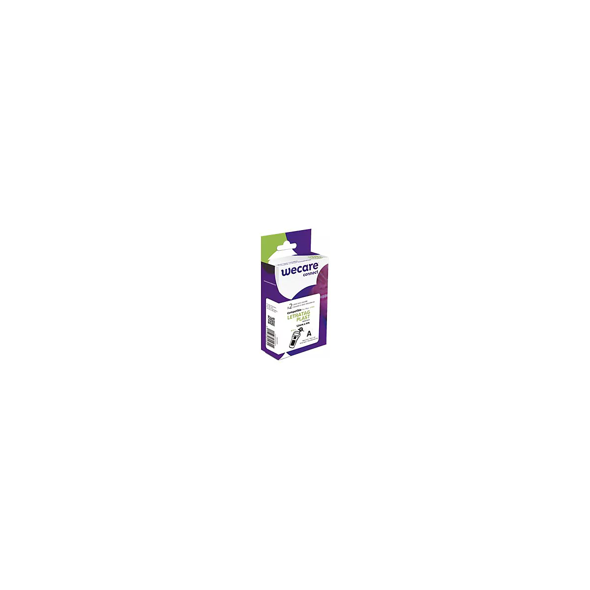 Produktverpackung von WeCare Connect Etiketten, kompatibel mit LetraTag Plast, 12mm x 4m, 2er-Pack.