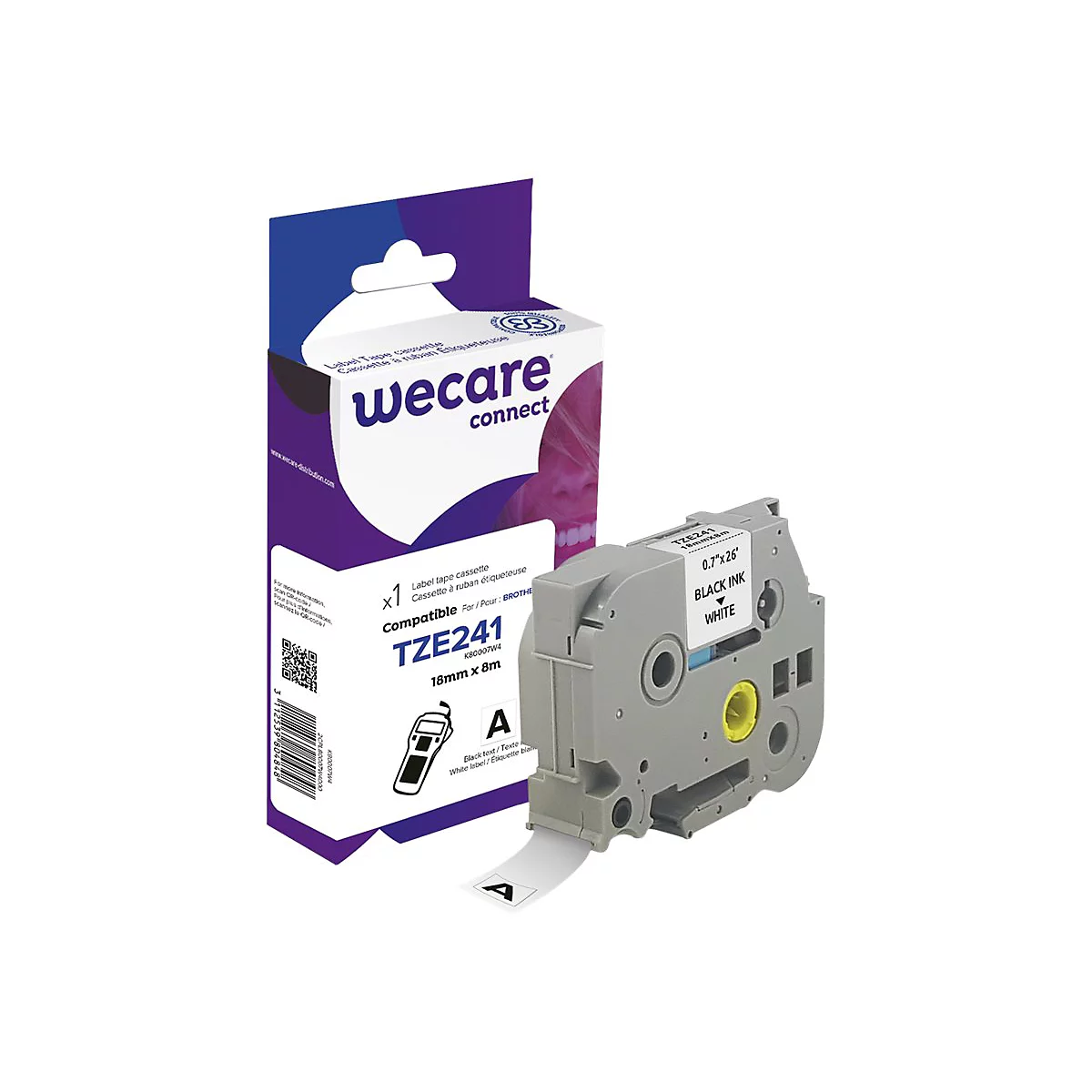 Produktabbildung: Eine weiße und graue Etikettierbandkassette neben einer Verpackung, die Informationen zum Produkt enthält.