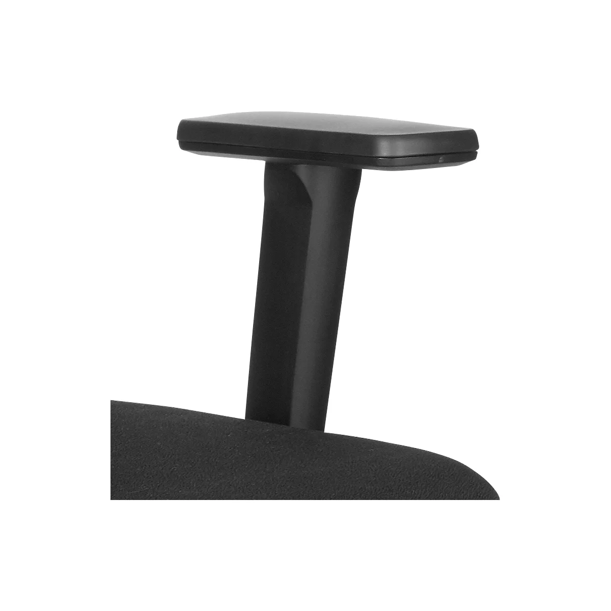 Black armrest of an office chair, detailed view against a white background.