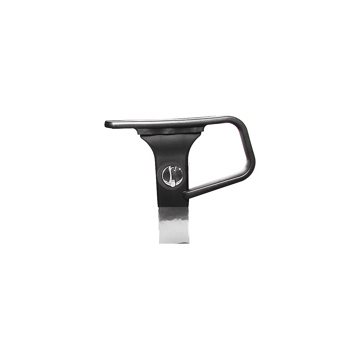Black chair arm with handle, silver button and metallic base.