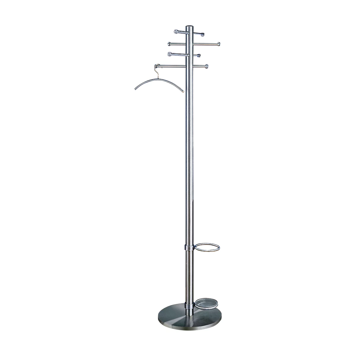 Silver coat rack with hooks, hanger and umbrella holder.