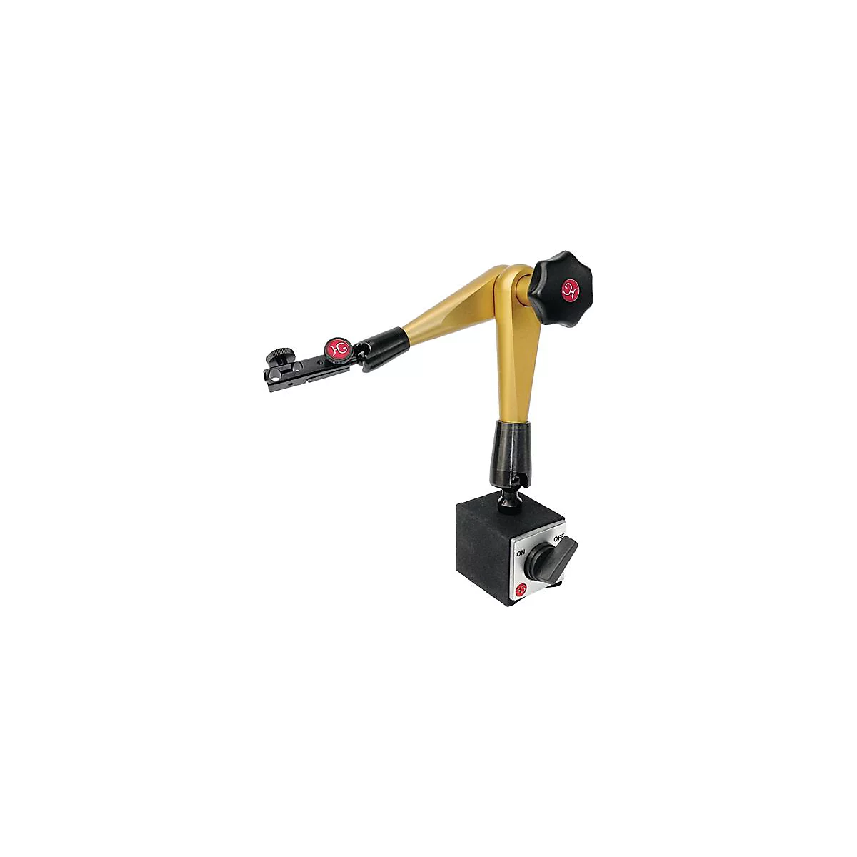 Metal holder with joints and rotating knob, gold-colored. On a black block with ON/OFF switch.