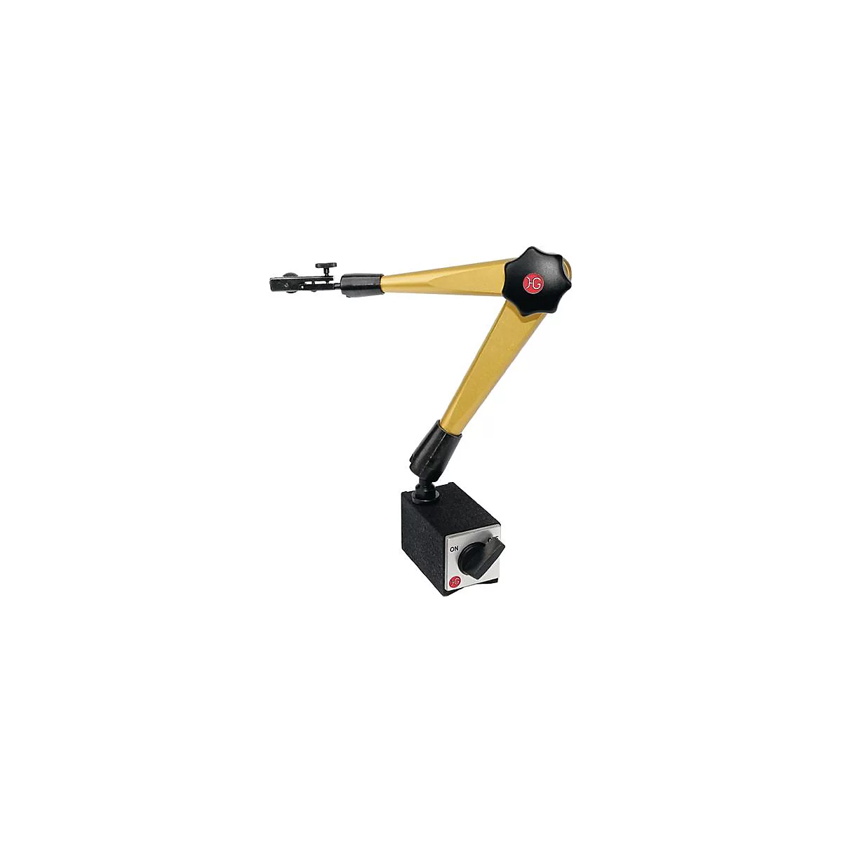Magnetic holder with yellow arms, black knob and square base with switch.