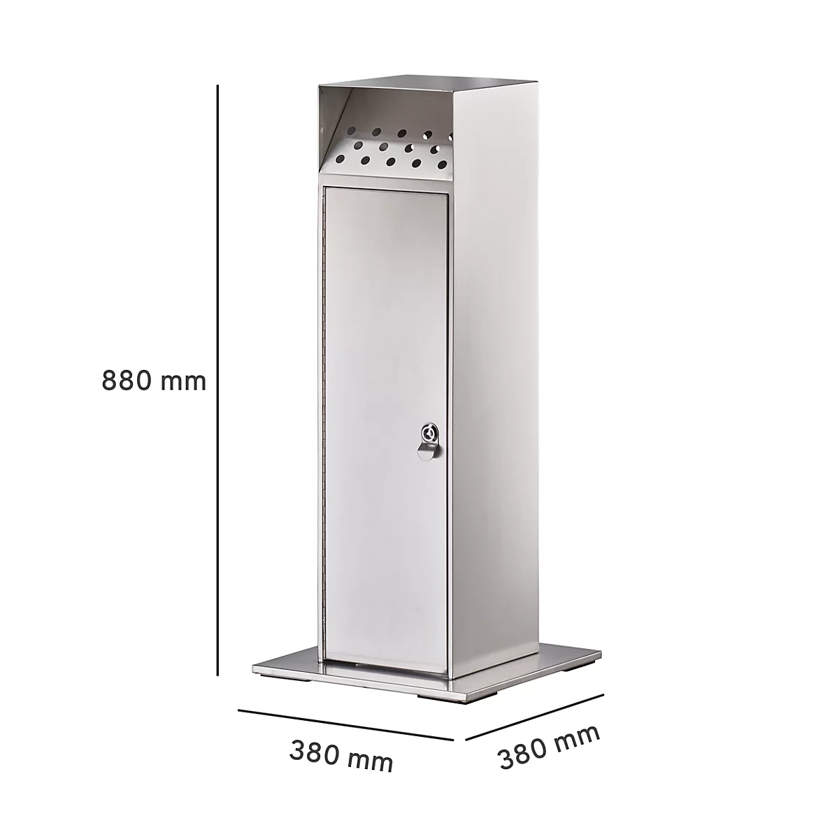 Asbakstandaard, inhoud 23 l, afsluitbaar, incl. 1 sleutel, B 380 x D 380 x H 880 mm, roestvrij staal