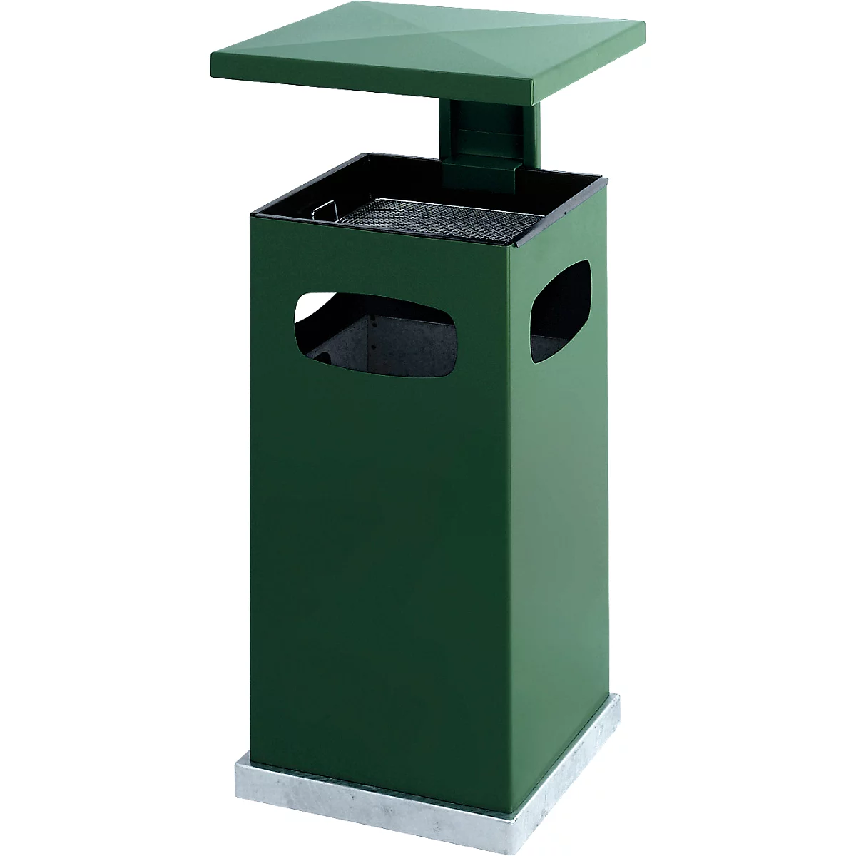 Grüner Papierkorb mit quadratischer Form, mit Deckel und quadratischen Öffnungen. Auf einer grauen Basis stehend.