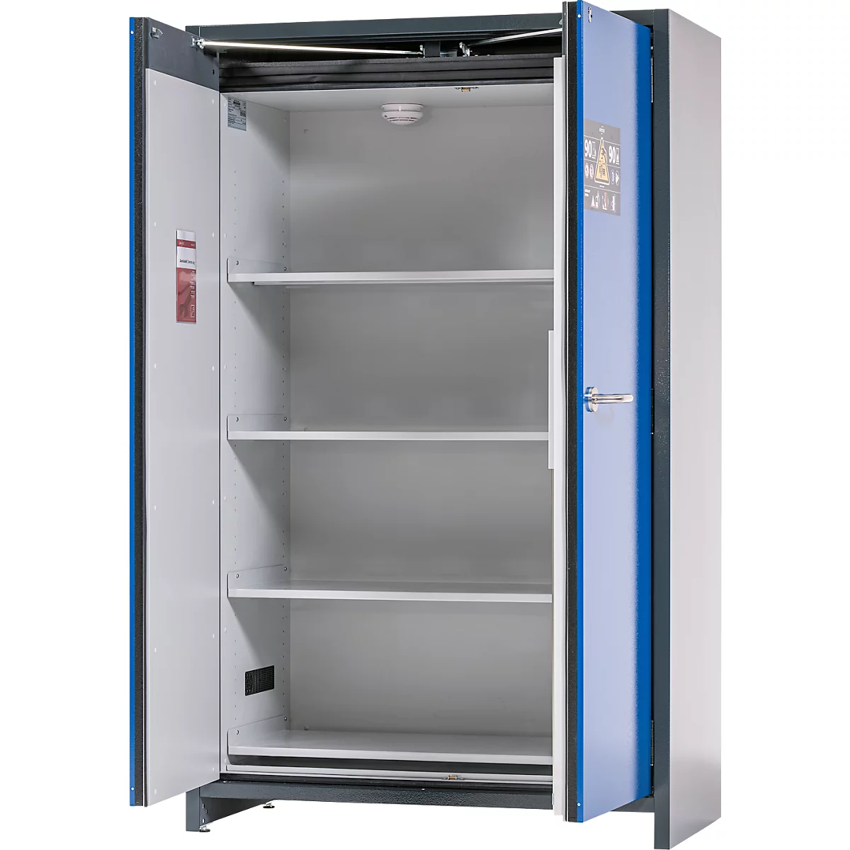 Asecos accubak ION-CORE-90 CS 1200, 4 geperforeerde legborden + 1 bodem lekbak, B 1193 x D 615 x H 1953 mm