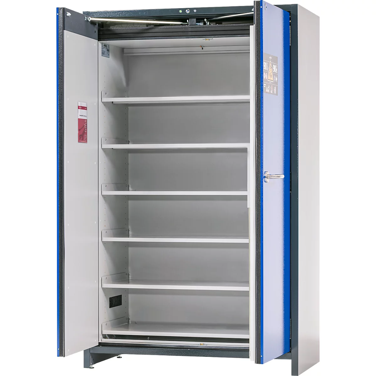 Asecos accubak ION-CORE-90 CS 1200, 6 geperforeerde legborden + 1 bodem lekbak, B 1193 x D 615 x H 1953 mm
