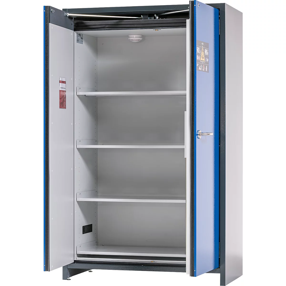 Asecos accubak ION-PRO-90 PS, 4 geperforeerde legplanken + 1 bodem lekbak, B 1193 x D 615 x H 1953 mm