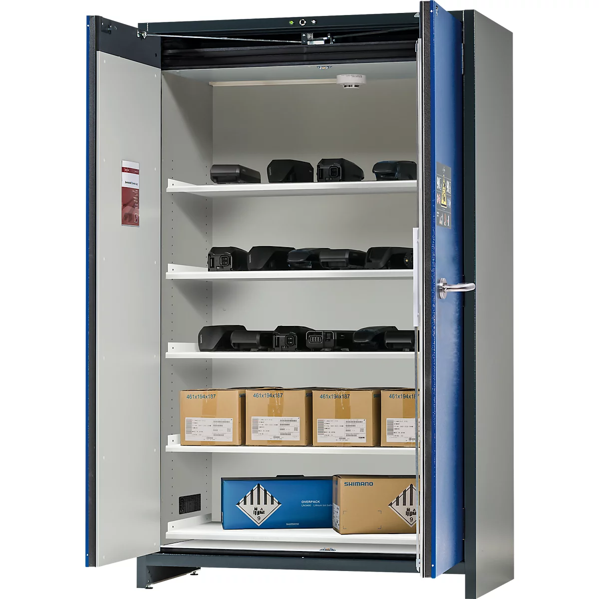 Asecos accubak ION-PRO-90 PS, 5 geperforeerde legplanken + 1 bodem lekbak, B 1193 x D 615 x H 1953 mm
