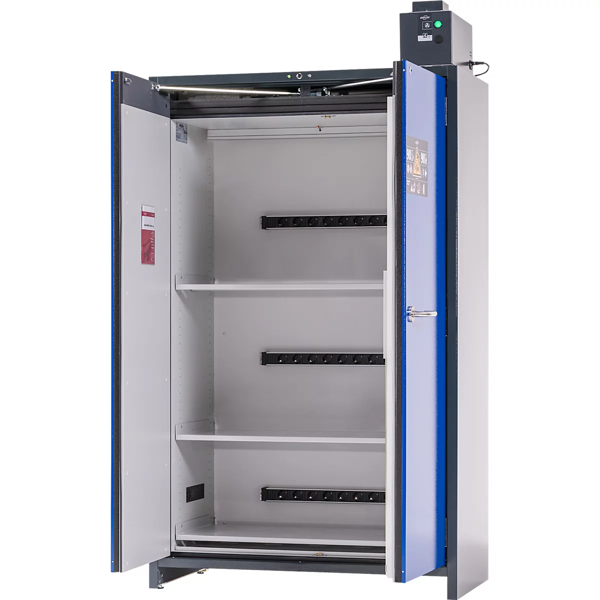 Asecos acculaadkast ION-PRO-90 PC, 3 geperforeerde plateaus + stopcontacten, 1 lekbak, B 1193 x D 615 x H 2224 mm