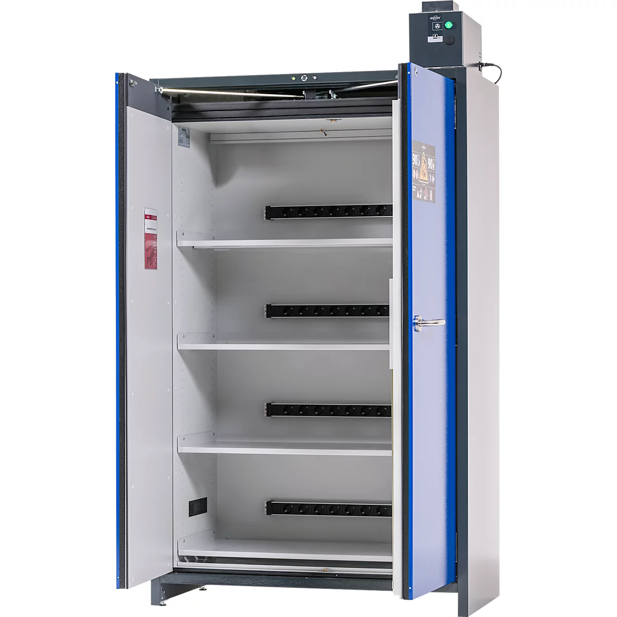 Asecos acculaadkast ION-PRO-90 PC, 4 geperforeerde legborden + stopcontacten, 1 lekbak, B 1193 x D 615 x H 2224 mm