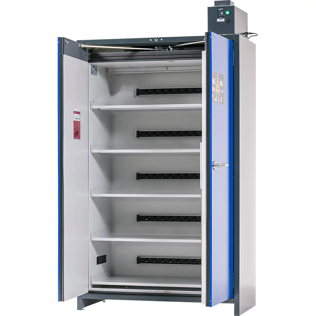 Asecos acculaadkast ION-PRO-90 PC, 5 geperforeerde legplanken + stopcontacten, 1 lekbak, B 1193 x D 615 x H 2224 mm