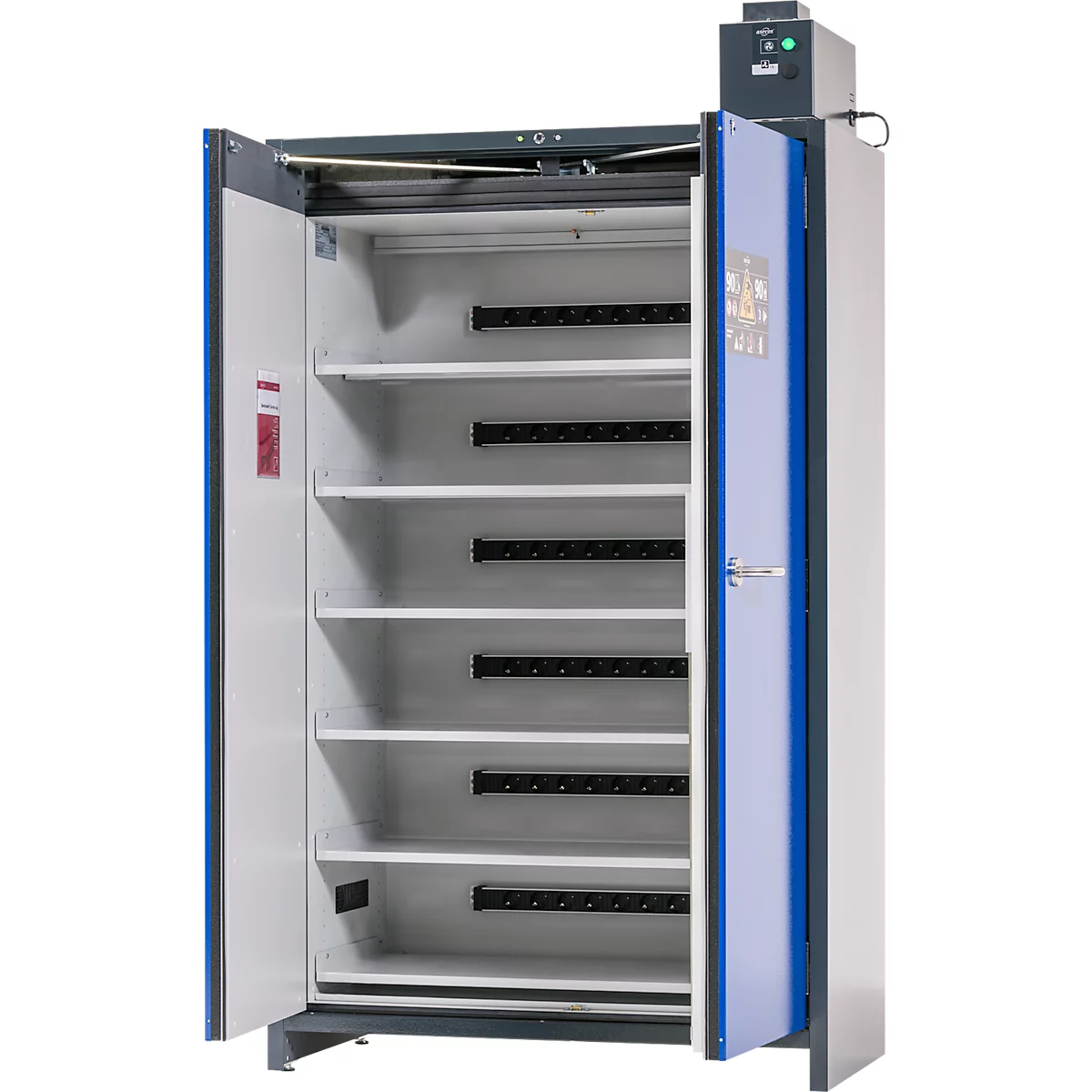 Asecos acculaadkast ION-PRO-90 PC, 6 geperforeerde legplanken + stopcontacten, 1 lekbak, B 1193 x D 615 x H 2224 mm