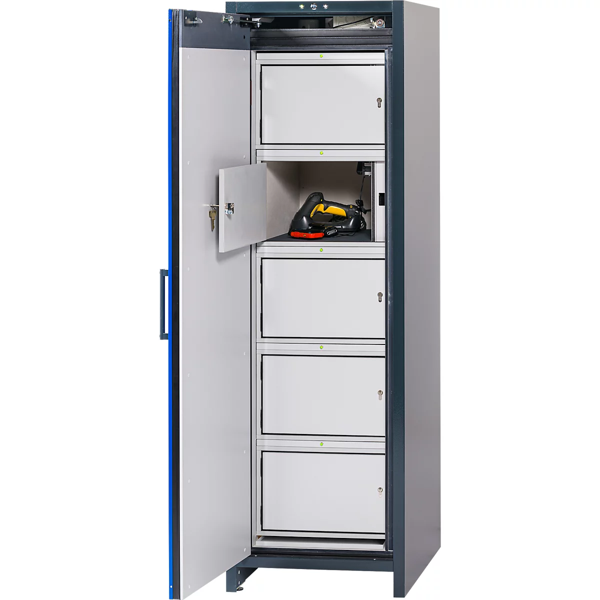 Asecos acculaadkast type 90 ION-CHARGE-90, 5 vakken, B 599 x D 615 x H 1953 mm, antracietgrijs/ gentiaanblauw