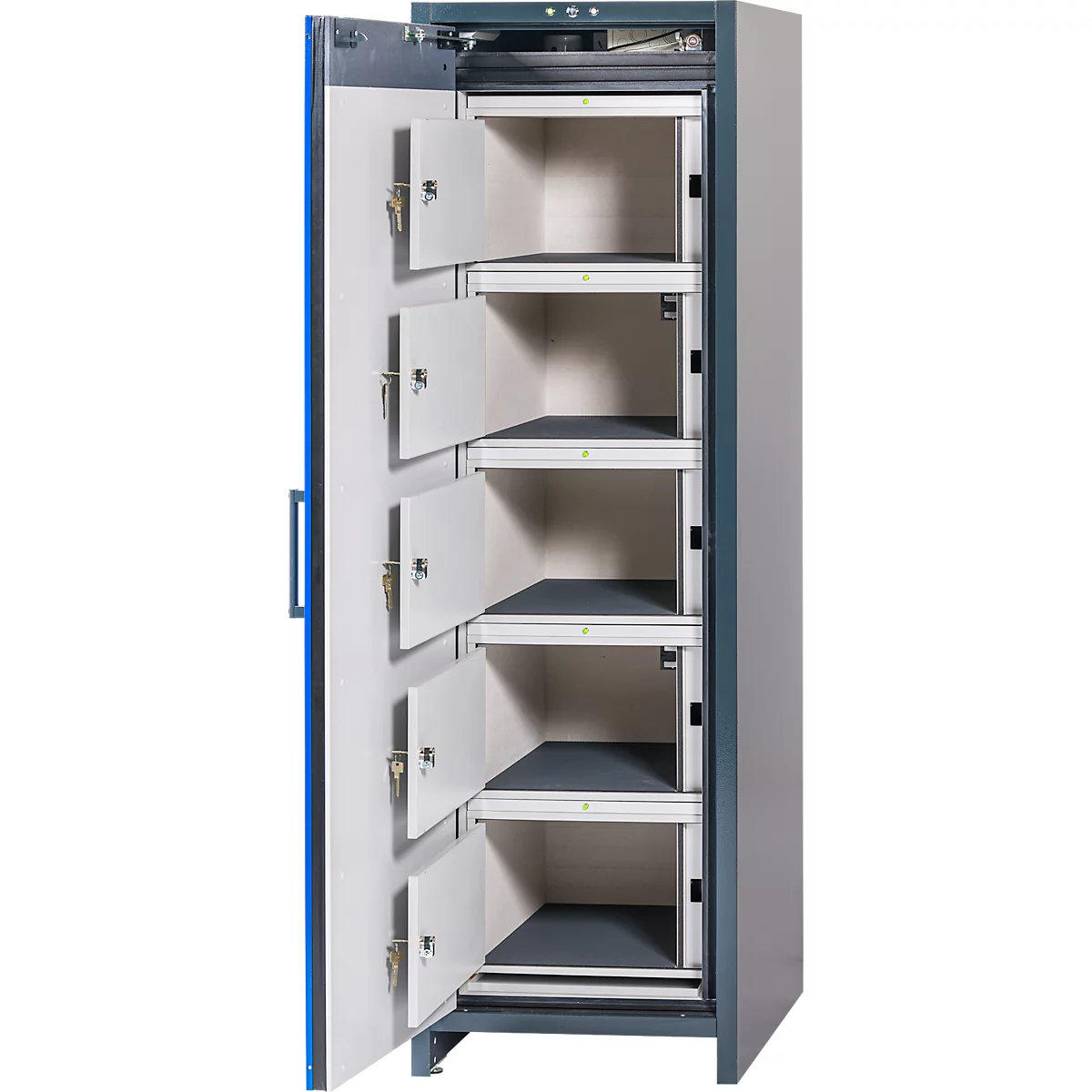Asecos acculaadkast type 90 ION-CHARGE-90, 5 vakken, B 599 x D 615 x H 1953 mm, antracietgrijs/ gentiaanblauw