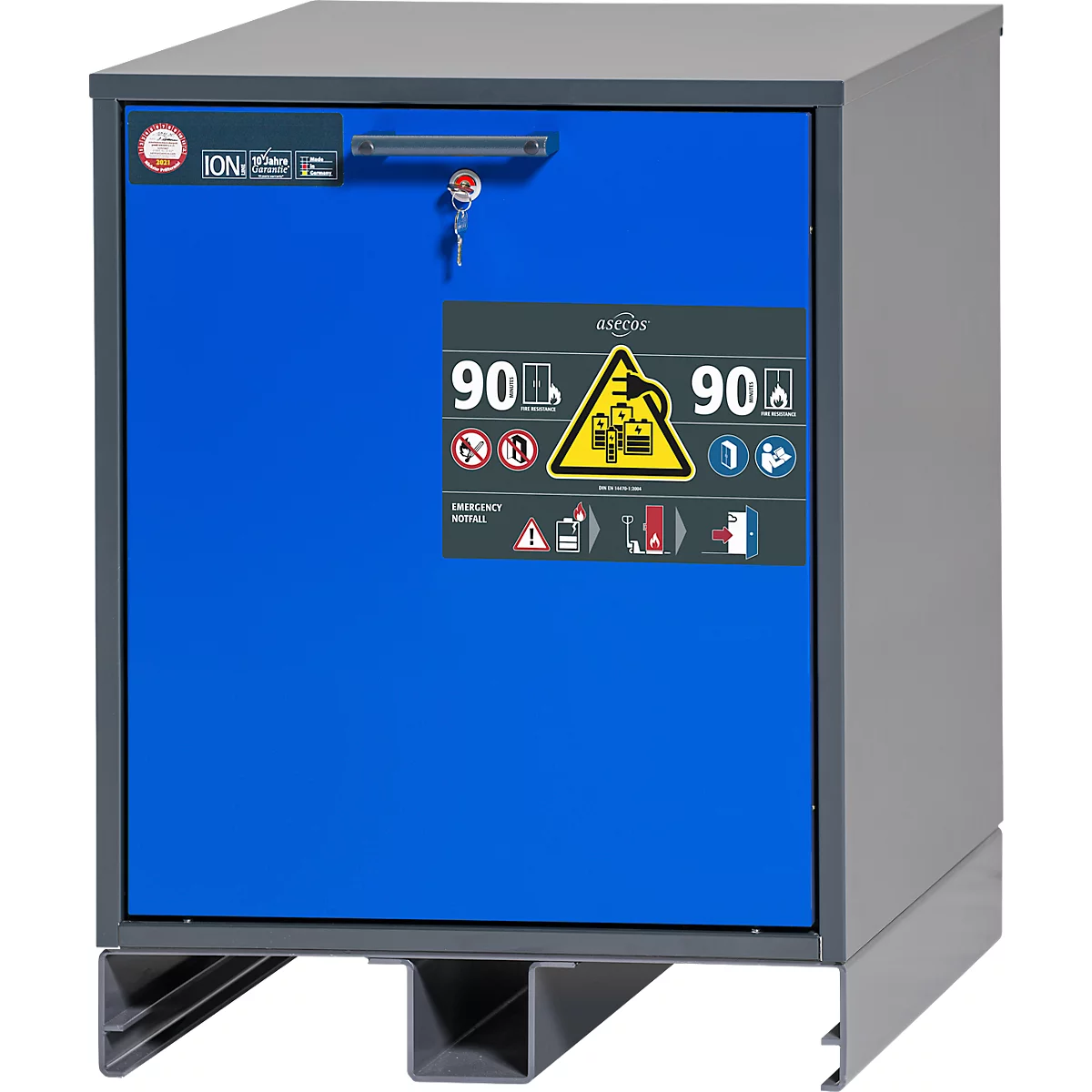 Asecos acculaadkast type 90 ION-CHARGE-90, onderkast, lade met 2 uittrekniveaus, B 593 x D 574 x H 780 mm, antracietgrijs/gentiaanblauw