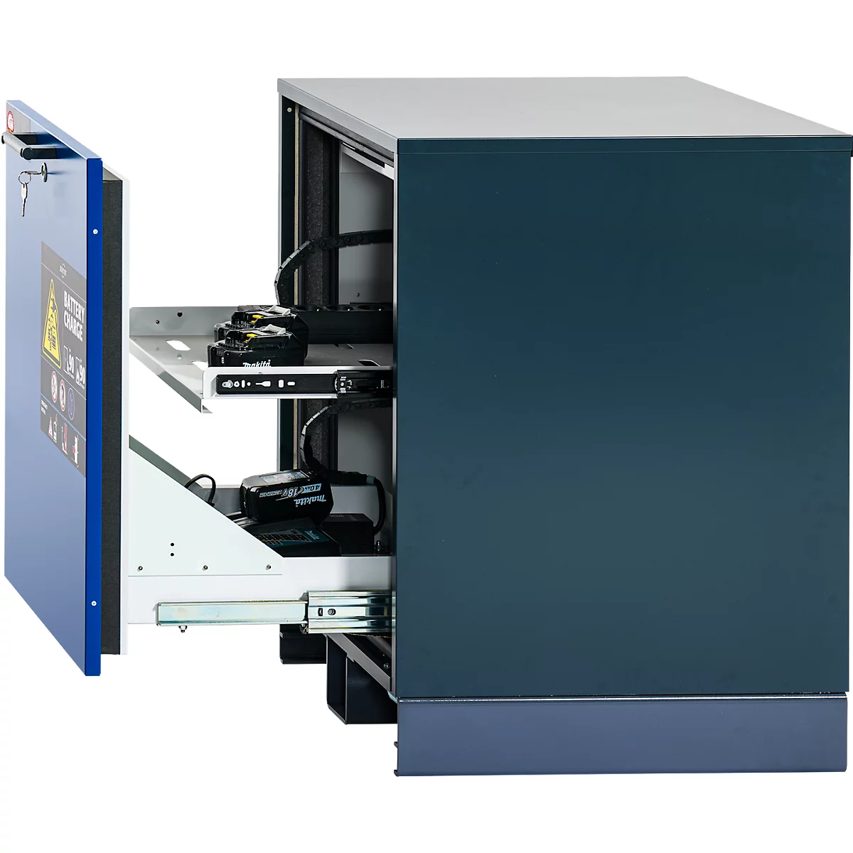 Asecos acculaadkast type 90 ION-CHARGE-90, onderkast, lade met 2 uittrekniveaus, B 593 x D 574 x H 780 mm, antracietgrijs/gentiaanblauw