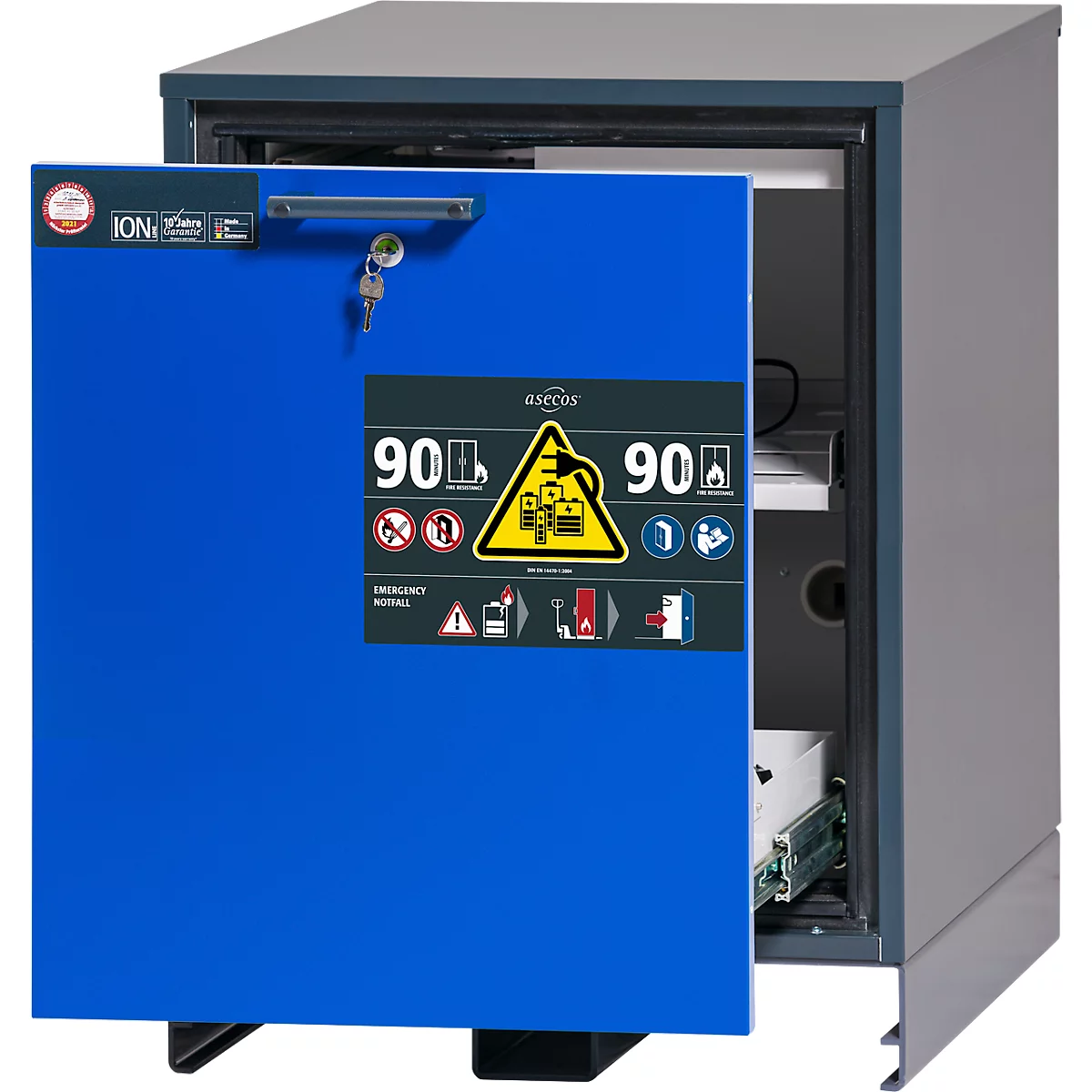 Asecos acculaadkast type 90 ION-CHARGE-90, onderkast, lade met 2 uittrekniveaus, B 593 x D 574 x H 780 mm, antracietgrijs/gentiaanblauw