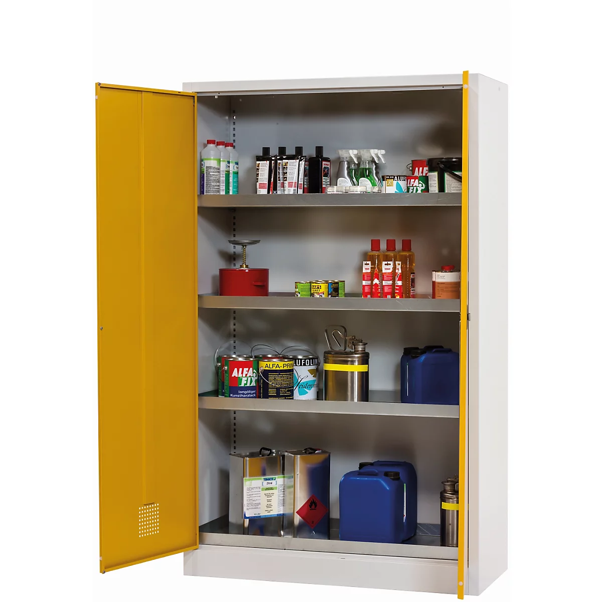 asecos CF-CLASSIC chemische opslagkast, scharnierende deuren, voorzijde in veiligheidsgeel, B 1200 x D 500 x H 1950 mm
