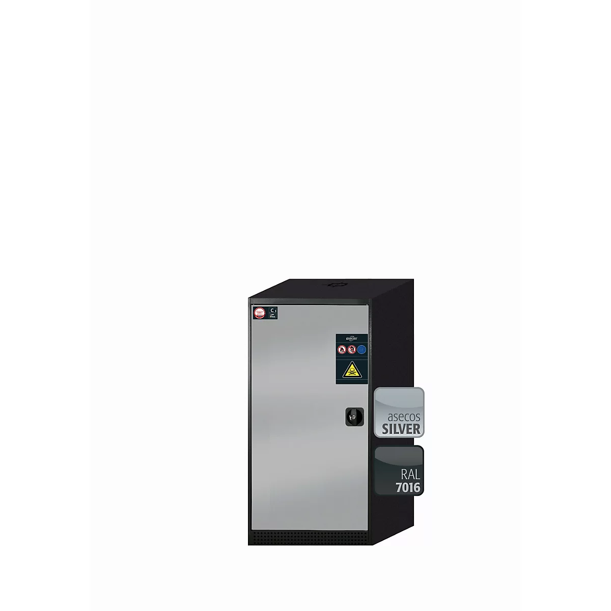 asecos CS-CLASSIC chemische opslagkast, scharnierende deur, links scharnier, front asecos zilver, B 545 x D 520 x H 1105 mm