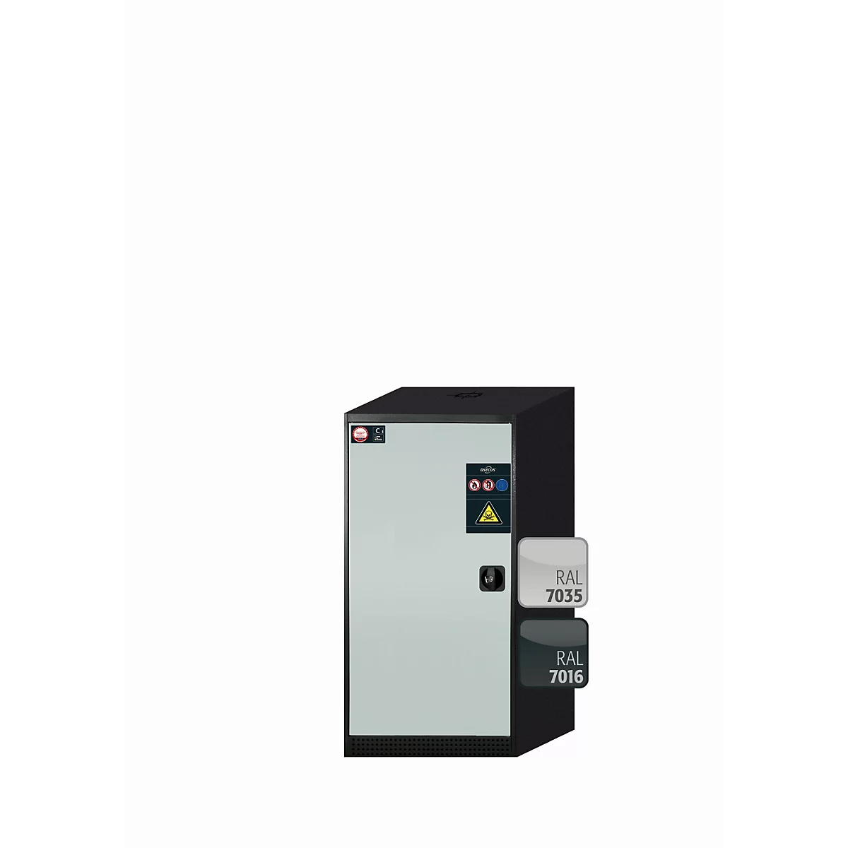 asecos CS-CLASSIC chemische opslagkast, scharnierende deur, links scharnierend, voorkant in lichtgrijs, B 545 x D 520 x H 1105 mm