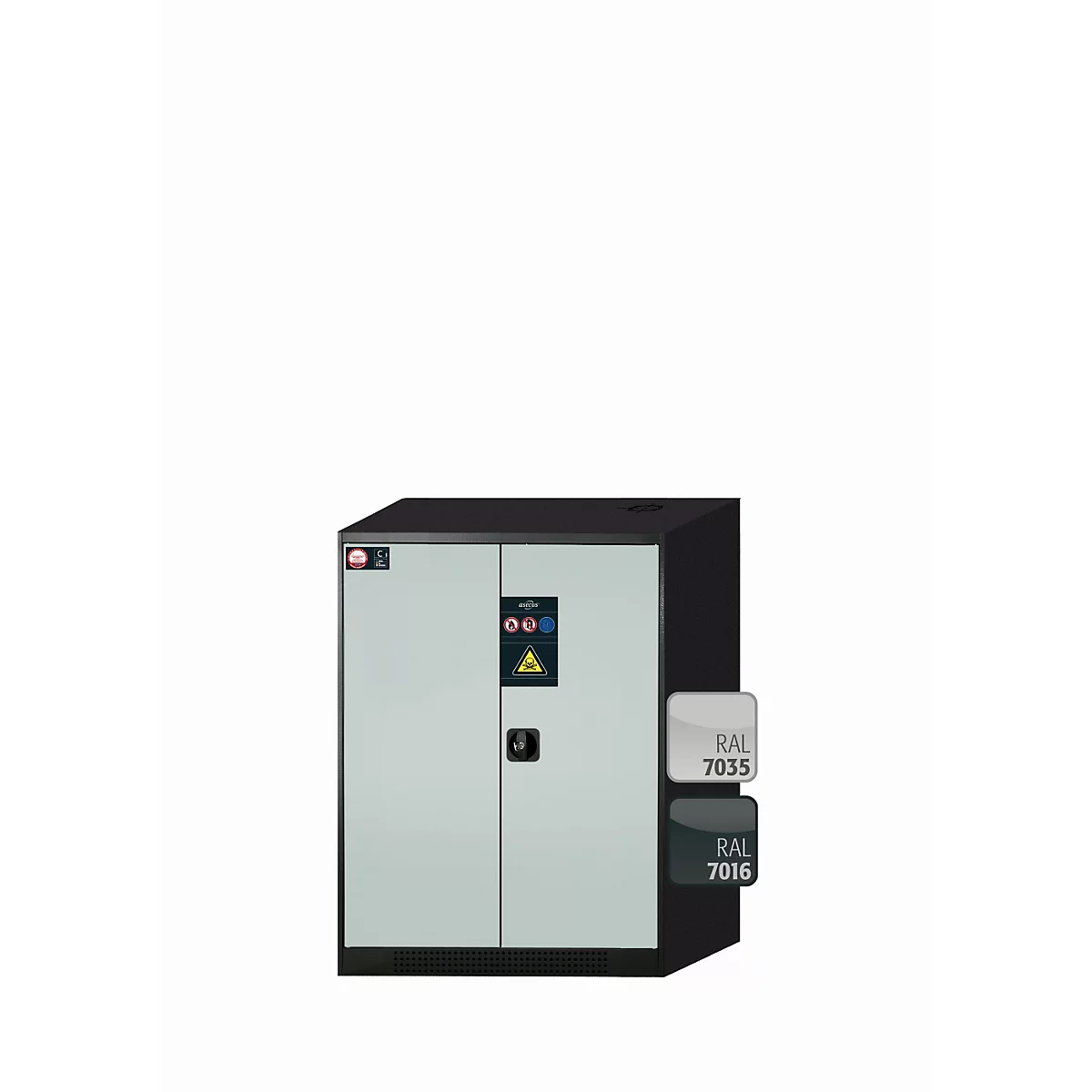 asecos CS-CLASSIC chemische opslagkast, scharnierende deuren, front in lichtgrijs, B 810 x D 520 x H 1105 mm