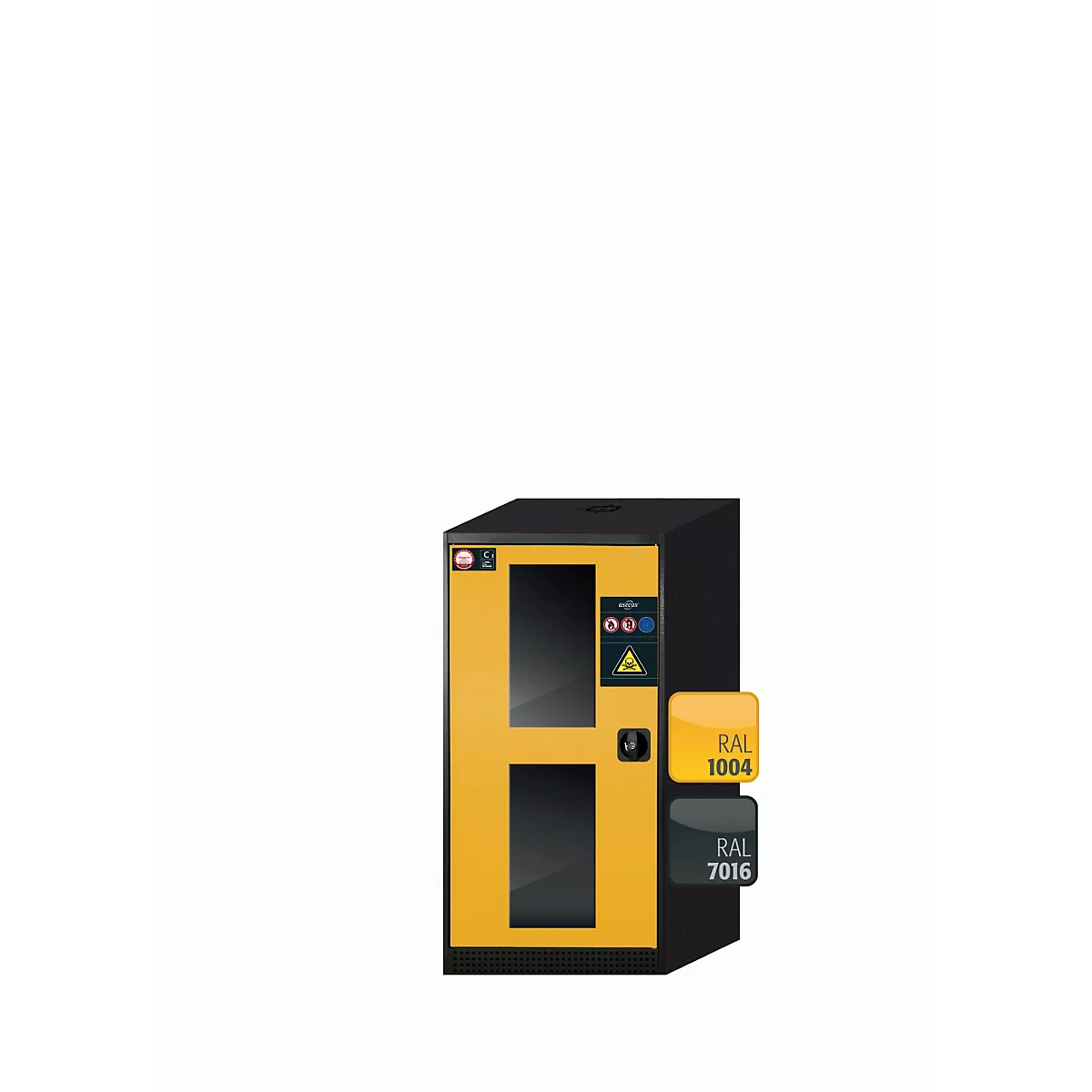 asecos CS-CLASSIC-G armoire de stockage de produits chimiques, porte battante avec découpe en verre, charnière à gauche, façade en jaune de sécurité, L 545 x P 520 x H 1105 mm