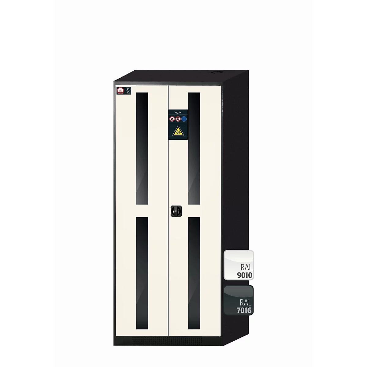 Armoire avec portes claires, accents noirs, fenêtres en verre, panneaux de sécurité. Comparaison de couleurs : RAL 9010, RAL 7016.