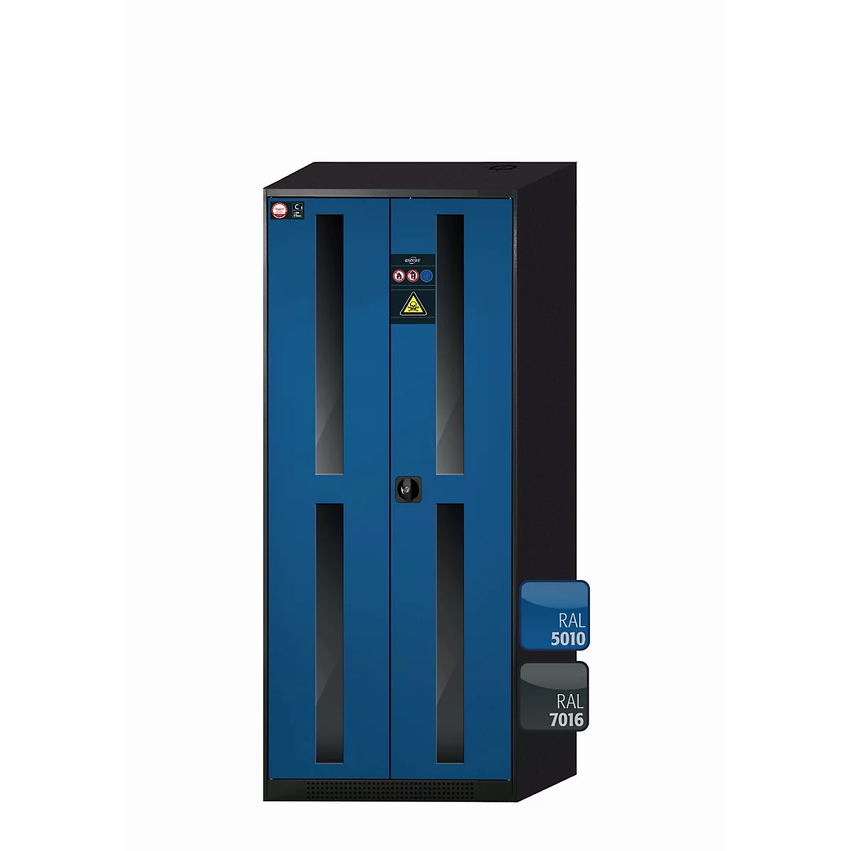 Armoire avec portes bleues, panneaux latéraux noirs, fenêtres en verre et panneau de commande. Variantes de couleurs RAL 5010 et 7016.