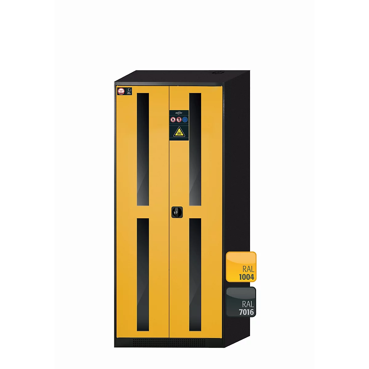 Armoire jaune et noire avec fenêtres, porte, serrure et codes couleurs RAL 1004 et 7016.