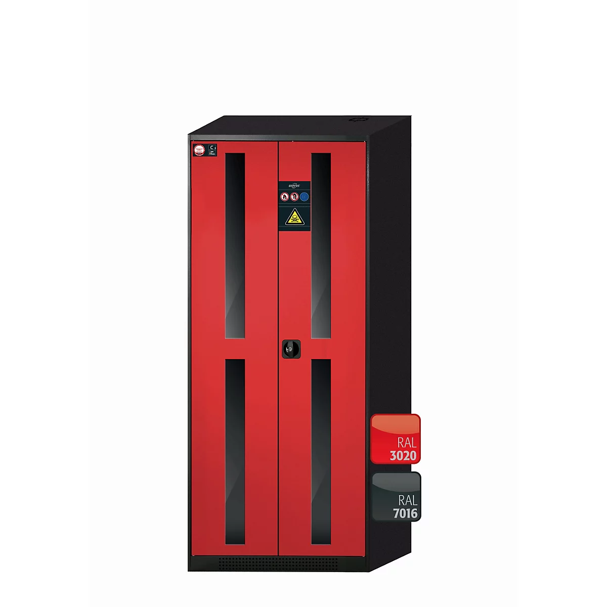 asecos CS-CLASSIC-G armoire de stockage de produits chimiques, portes à charnières avec découpe en verre, façade en rouge trafic, L 810 x P 520 x H 1950 mm
