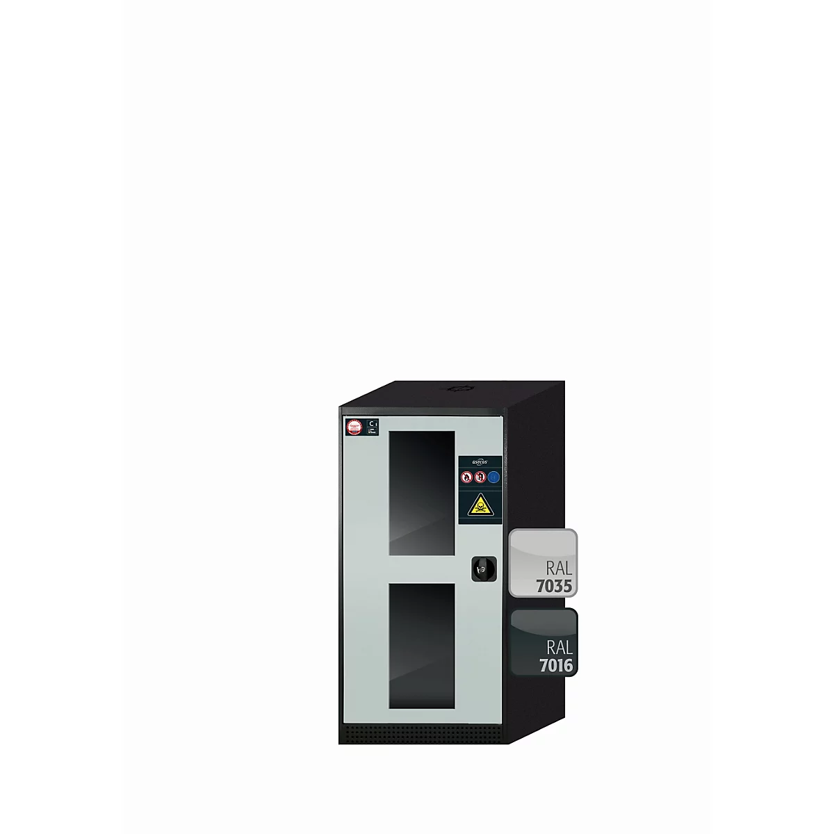 asecos CS-CLASSIC-G chemische voorraadkast, scharnierende deur met glasuitsparing, links scharnier, voorkant in lichtgrijs, B 545 x D 520 x H 1105 mm