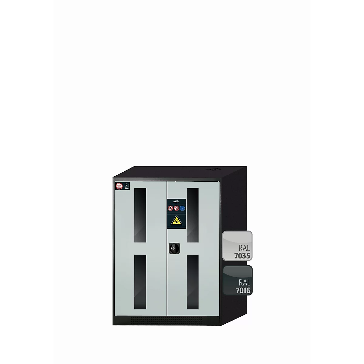 asecos CS-CLASSIC-G chemische voorraadkast, scharnierende deuren met glasuitsparing, front in lichtgrijs, B 810 x D 520 x H 1105 mm
