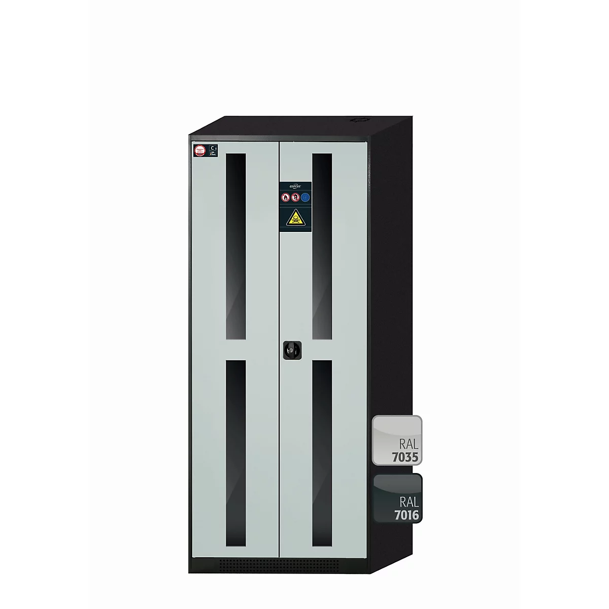 asecos CS-CLASSIC-G chemische voorraadkast, scharnierende deuren met glasuitsparing, front in lichtgrijs, B 810 x D 520 x H 1950 mm