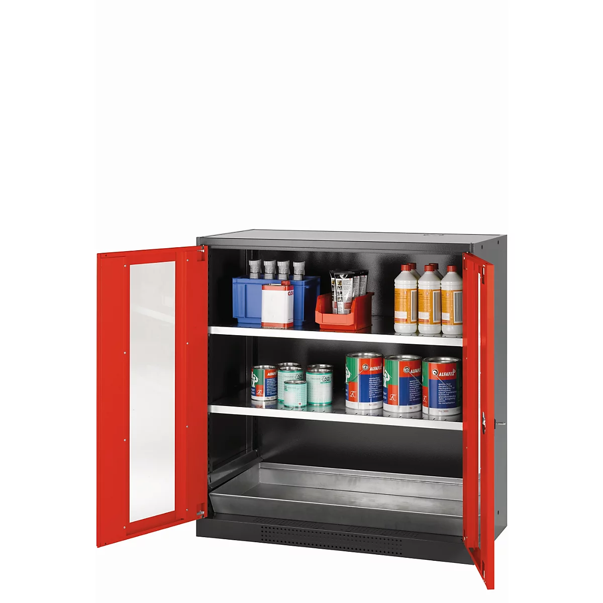 asecos CS-CLASSIC-G chemische voorraadkast, scharnierende deuren met glasuitsparing, voorzijde in verkeersrood, B 1055 x D 520 x H 1105 mm