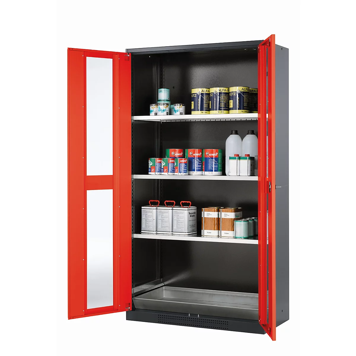asecos CS-CLASSIC-G chemische voorraadkast, scharnierende deuren met glasuitsparing, voorzijde in verkeersrood, B 1055 x D 520 x H 1950 mm