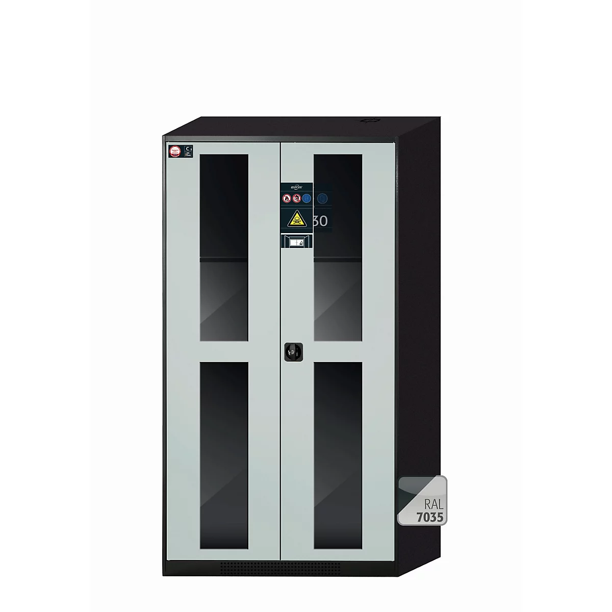 asecos CS-CLASSIC-GF chemische voorraadkast, scharnierende deuren met glasuitsparing, voorkant in lichtgrijs, B 1055 x D 520 x H 1950 mm