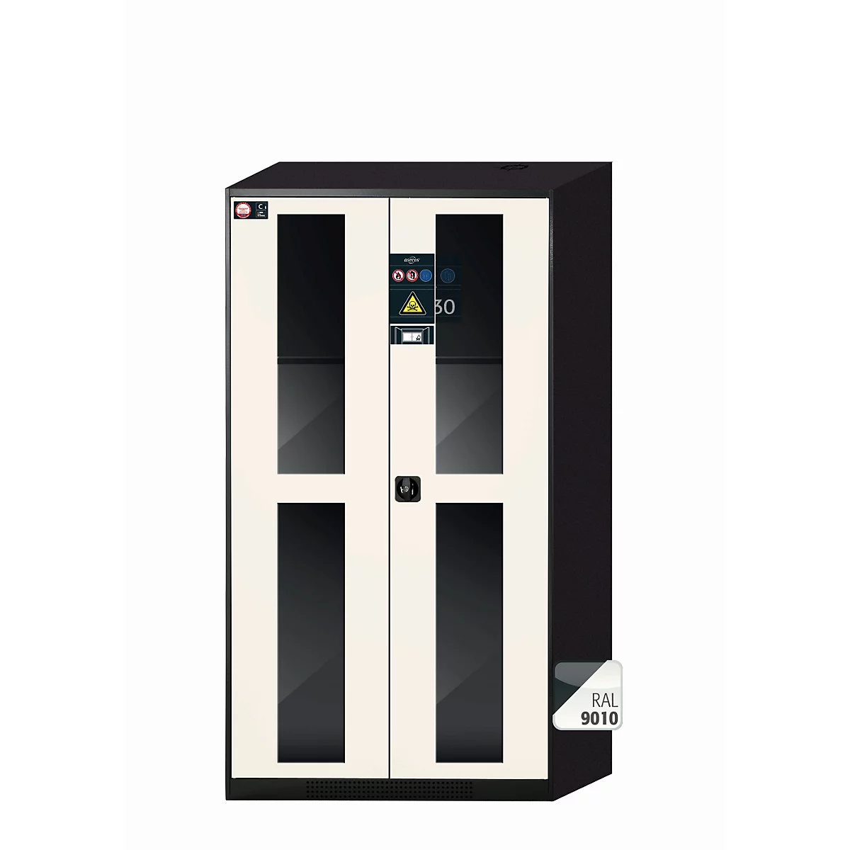 asecos CS-CLASSIC-GF chemische voorraadkast, scharnierende deuren met glasuitsparing, voorkant zuiver wit, B 1055 x D 520 x H 1950 mm