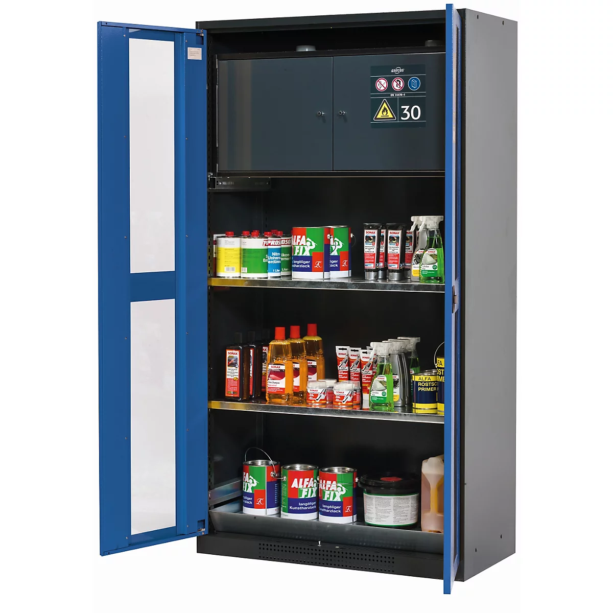asecos CS-CLASSIC-GF chemische voorraadkast, scharnierende deuren met glazen uitsparing, gentiaanblauw front, B 1055 x D 520 x H 1950 mm